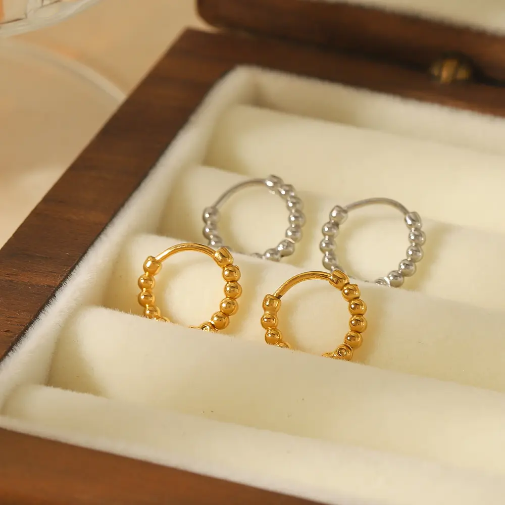 1 Pair Simple Style Round Beads Beaded Stainless Steel 18K Gold Plated Women's Hoop Earrings h5 